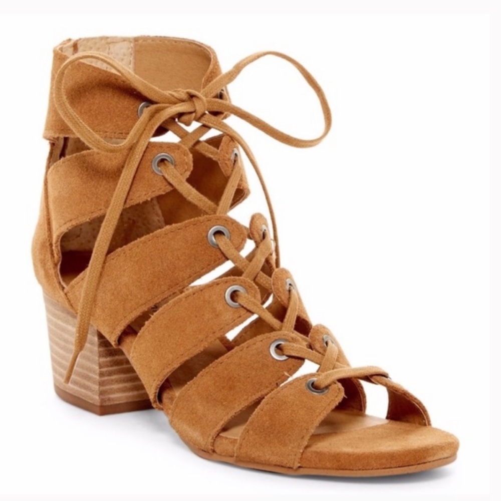 Lucky Brand Suede Open Toe Block Stacked Heel Brown Front Lace  Zip Back Shoe 6 - Picture 2 of 10